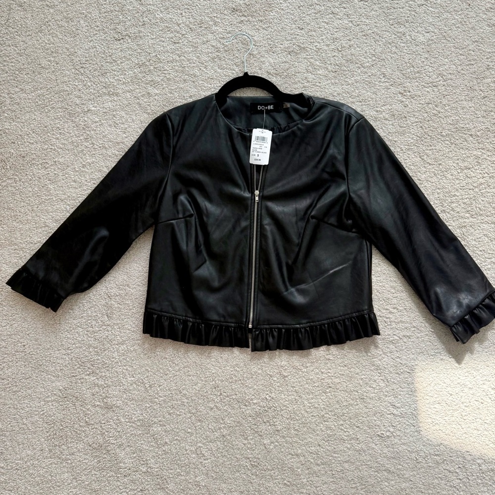 DO+BE Black Leather Jacket with Ruffle Hem